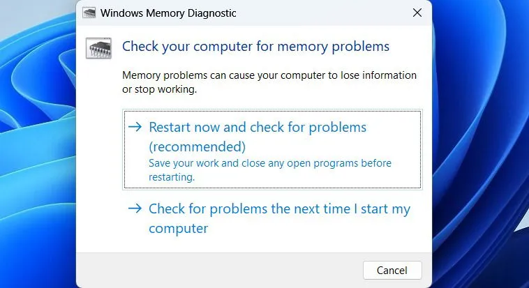 Windows Memory Diagnostic tool restart notification