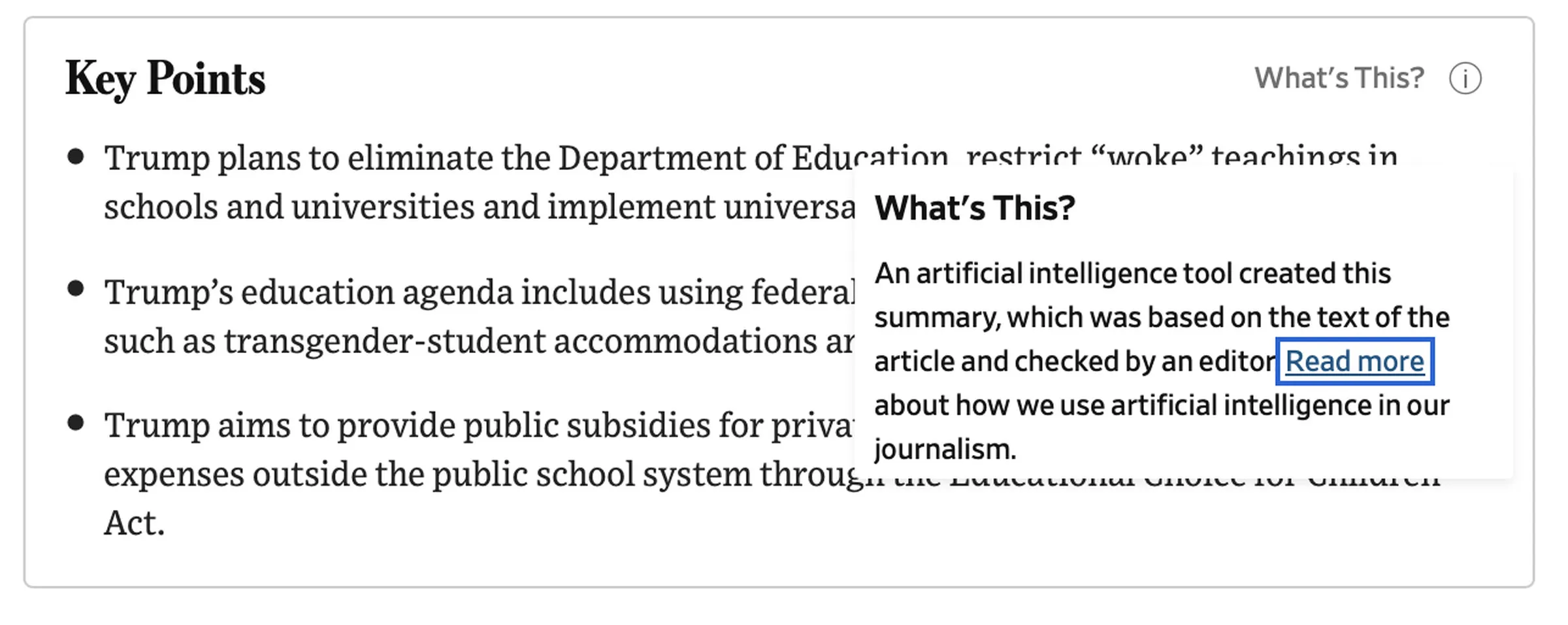 A screenshot of the AI-generated “Key Points” summary in a Wall Street Journal article.