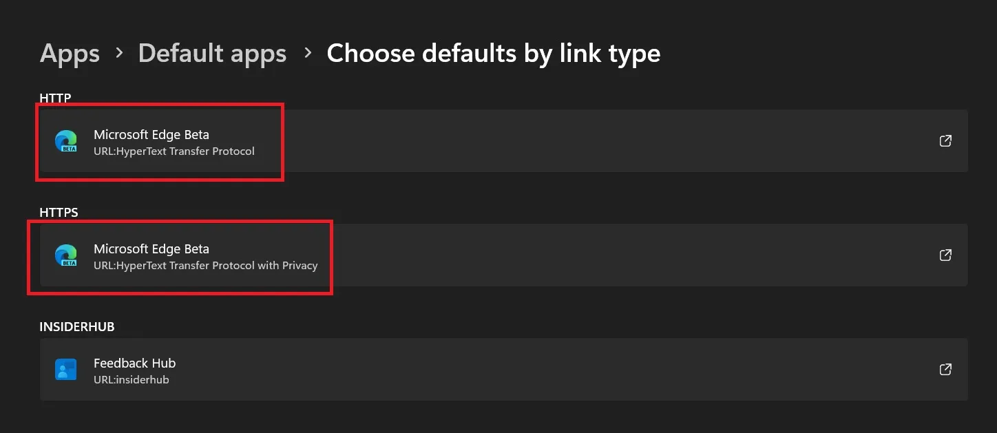 HTTPS リンクを開くための既定のブラウザとして Edge ベータ版を設定する