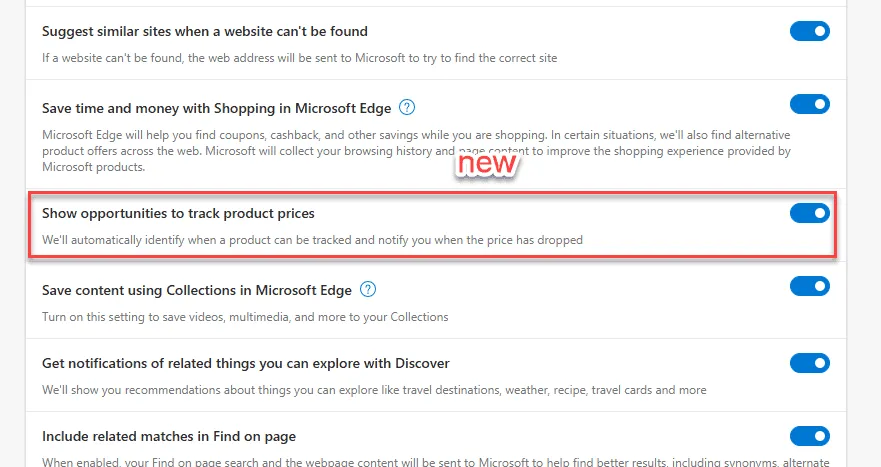 Ustawienia śledzenia cen w przeglądarce Microsoft Edge