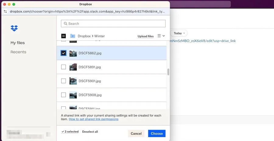 Selecting files for Slack integration in Dropbox