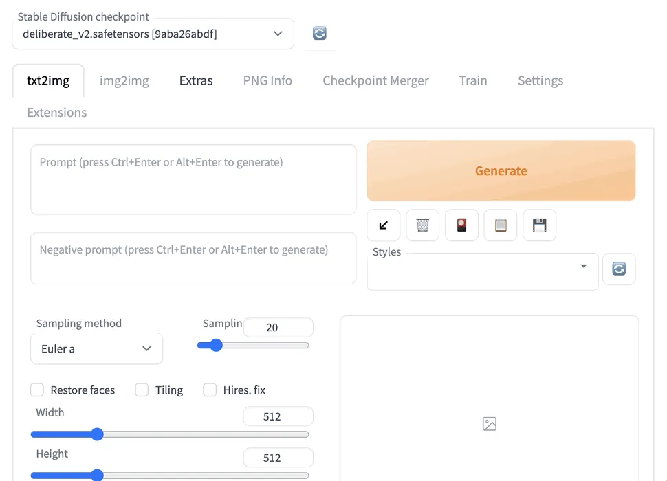 Zrzut ekranu programu Automatic1111 wykorzystującego technologię Stable Diffusion do generowania obrazu za pomocą sztucznej inteligencji.