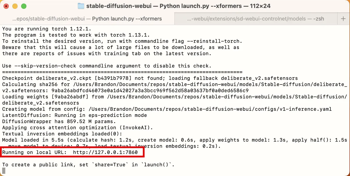 Zrzut ekranu terminala macOS pokazujący uruchomiony lokalnie generator obrazów Stable Diffusion Automatic1111 AI.