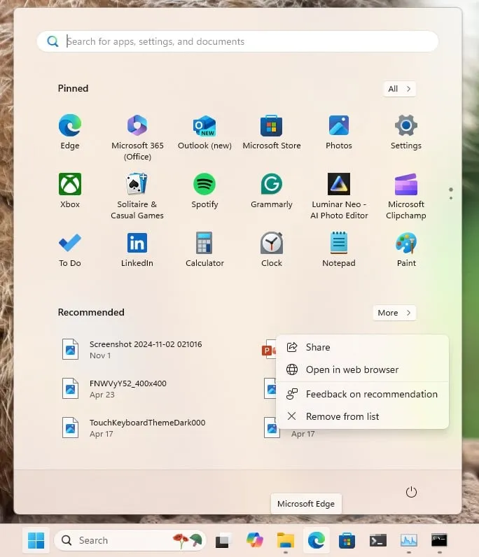 Share Button in Start menu