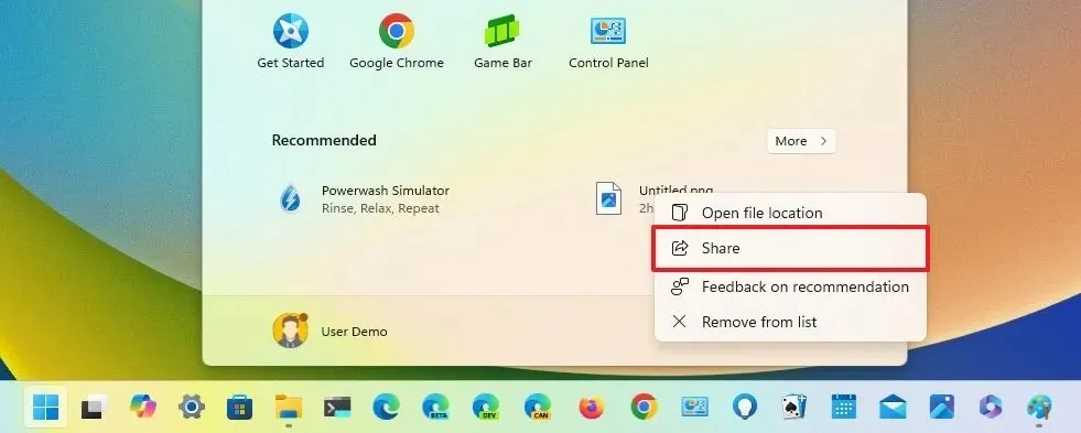 Share option in Start menu context