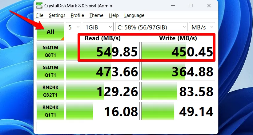 CrystalDiskMark displaying storage read and write statistics