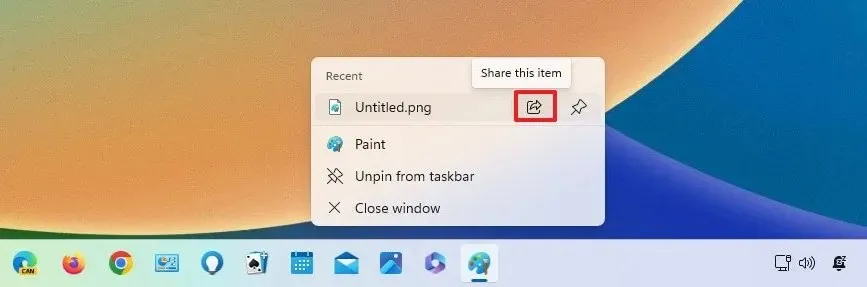 Taskbar jump list Share option