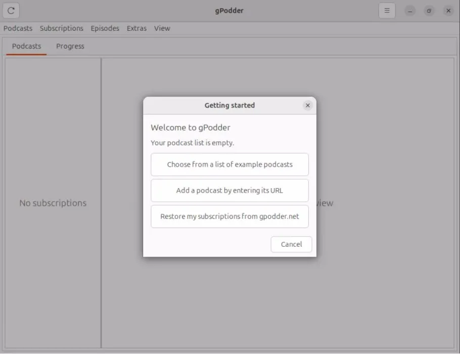 gPodder 首次啟動時的螢幕截圖。
