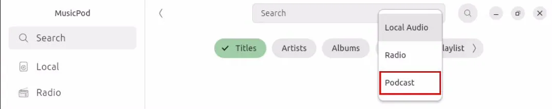 MusicPod 中的播客類別搜尋。