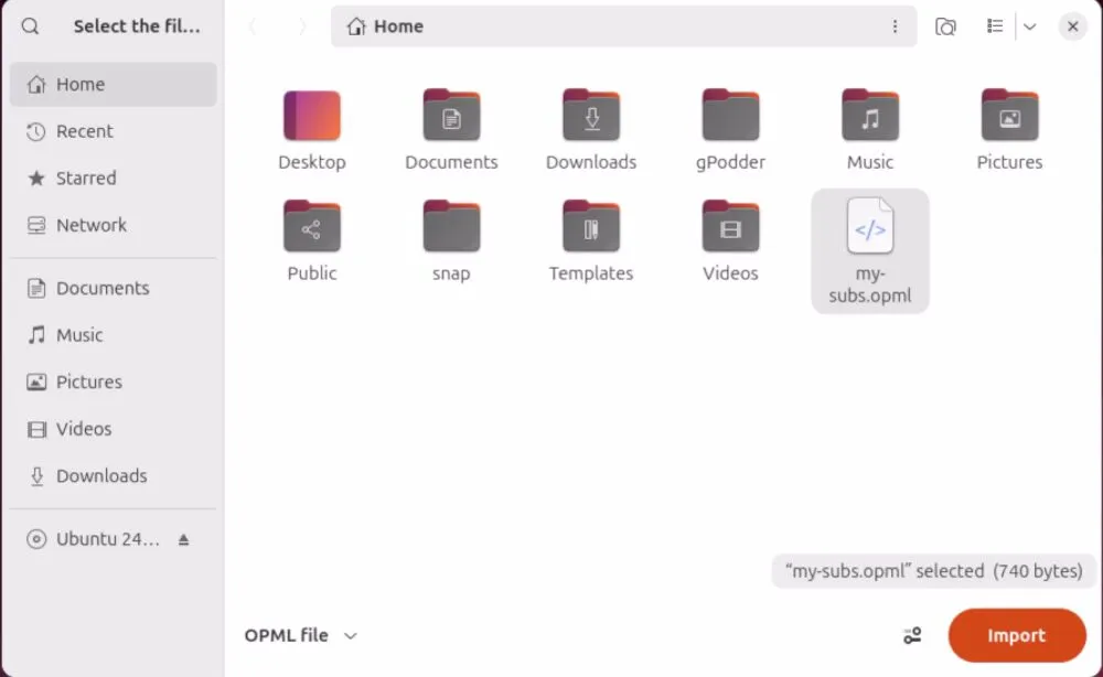 在 GNOME 播客中選擇 OPML 檔案。