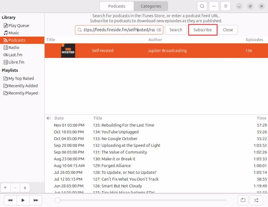 訂閱 Rhythmbox 中的新播客。