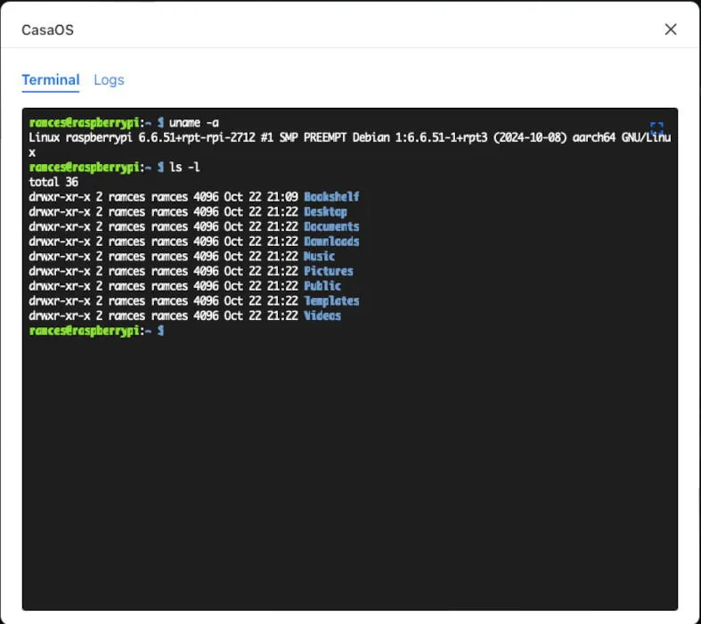 Captura de pantalla de la ventana de terminal de CasaOS.