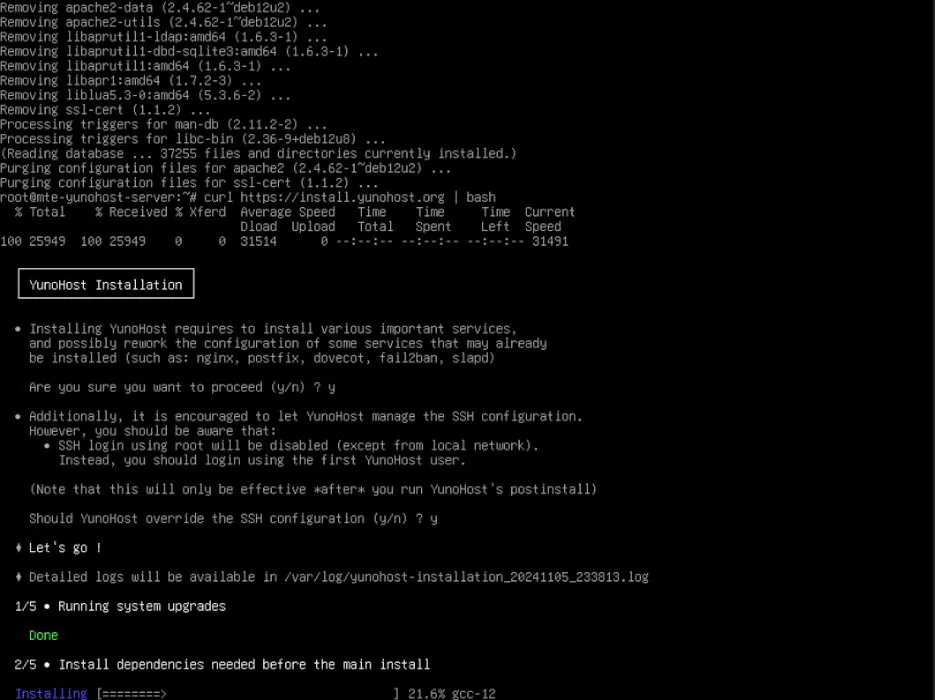 Script de conversión de Yunohost en acción en Debian 12.