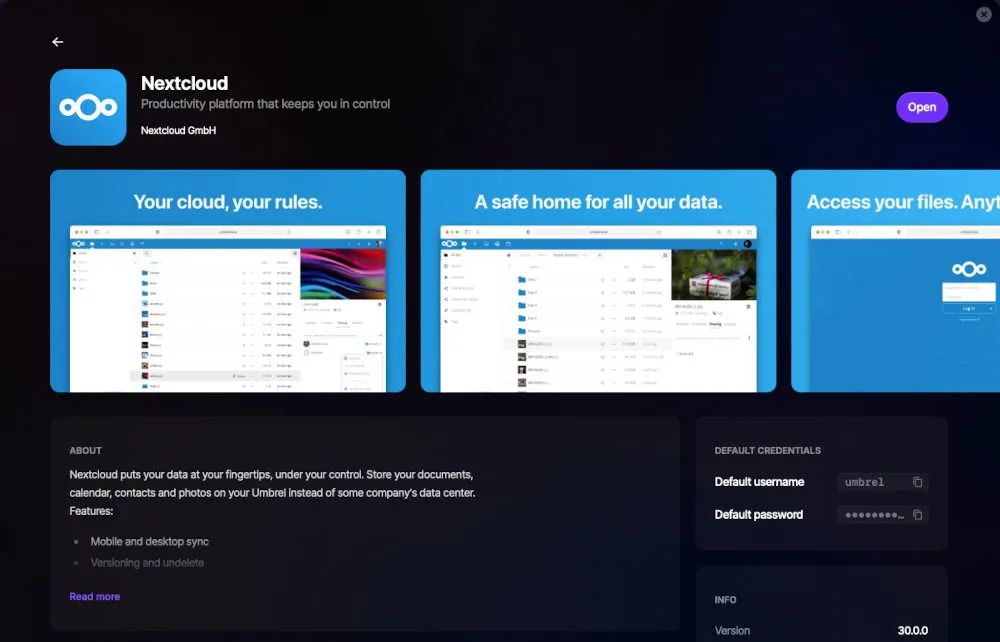 Página de la tienda de aplicaciones Nextcloud en Umbrel.
