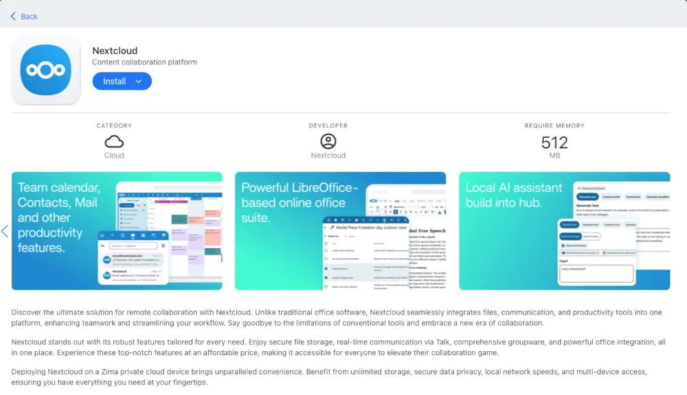 Página de la tienda Nextcloud en CasaOS.