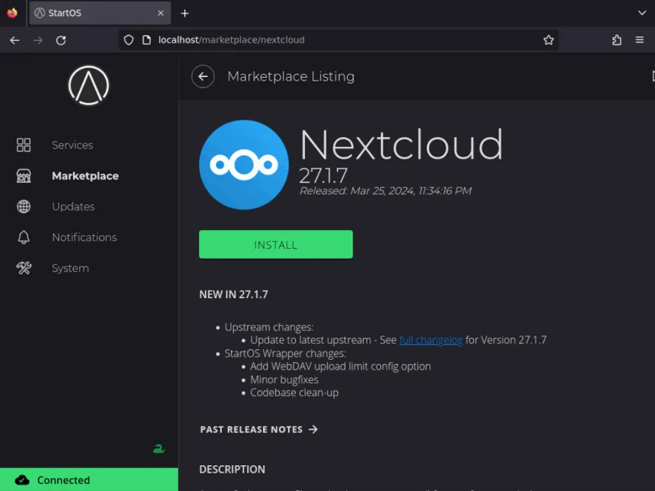 Página de la tienda Nextcloud en StartOS.