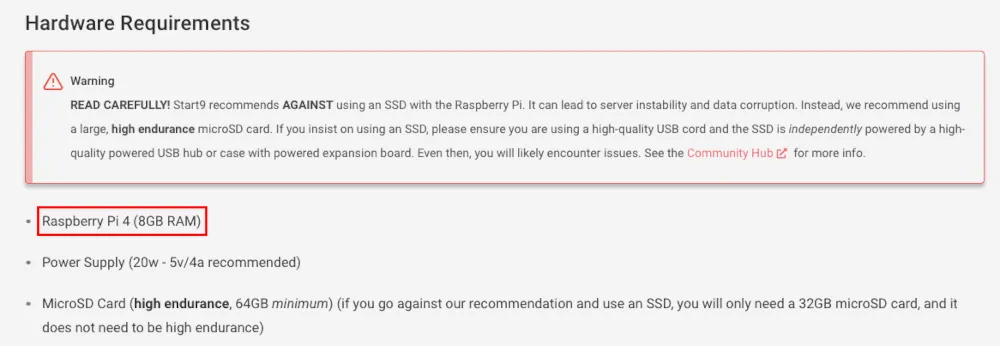 Destacando los requisitos de Raspberry Pi 4 para StartOS.