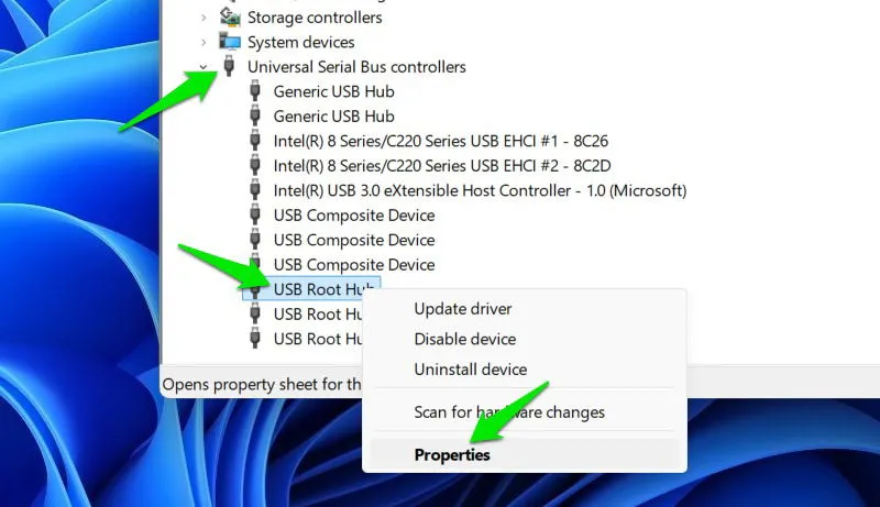 Context menu for USB device in Device Manager