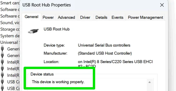 USB properties showcasing device status