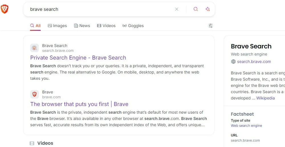 Sample of a Brave search.