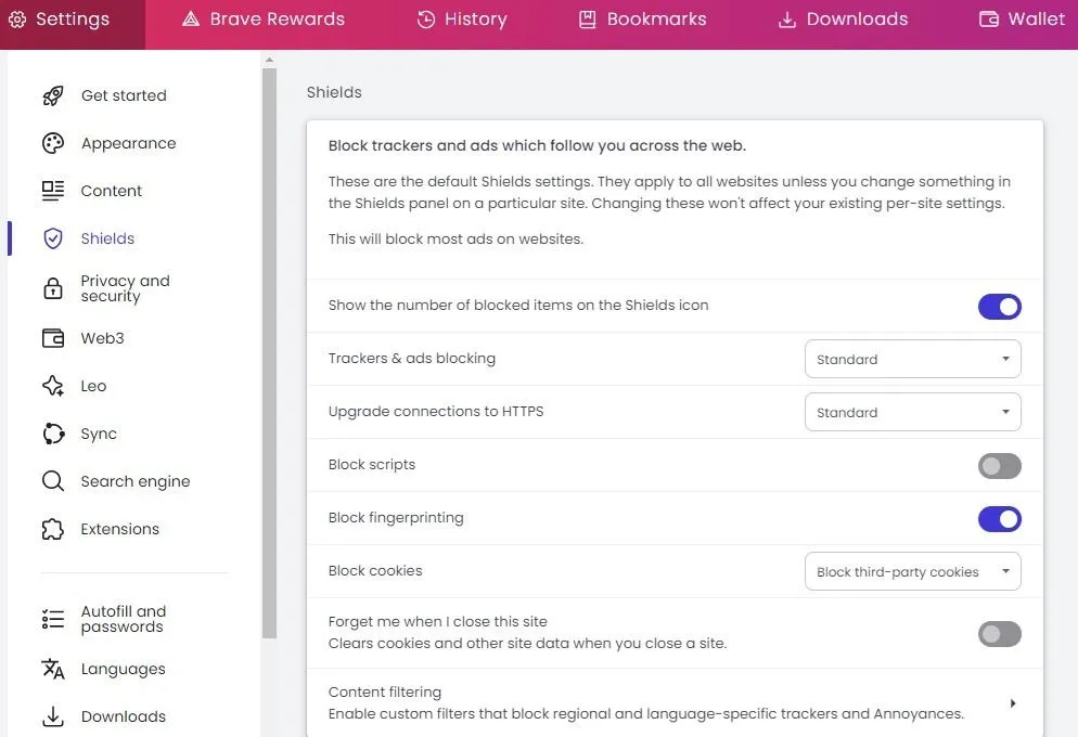 Changing Brave ad blocker and shield settings.