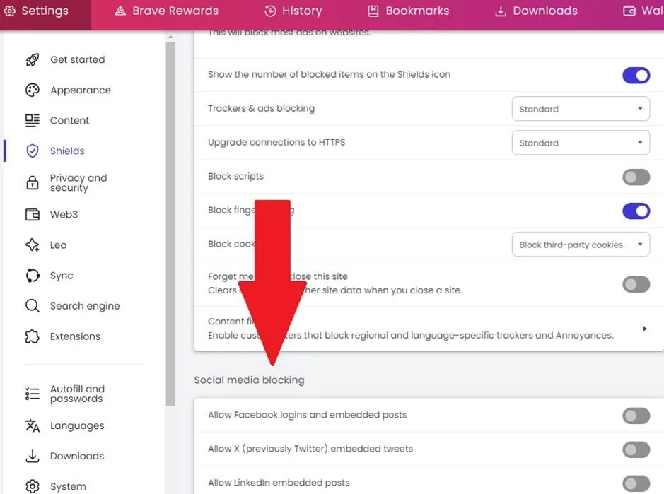 Blockieren eingebetteter sozialer Medien über die Brave-Einstellungen.