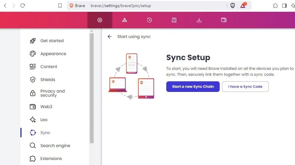 Setting up Sync, one of the best Brave features to easily sync devices without a password.