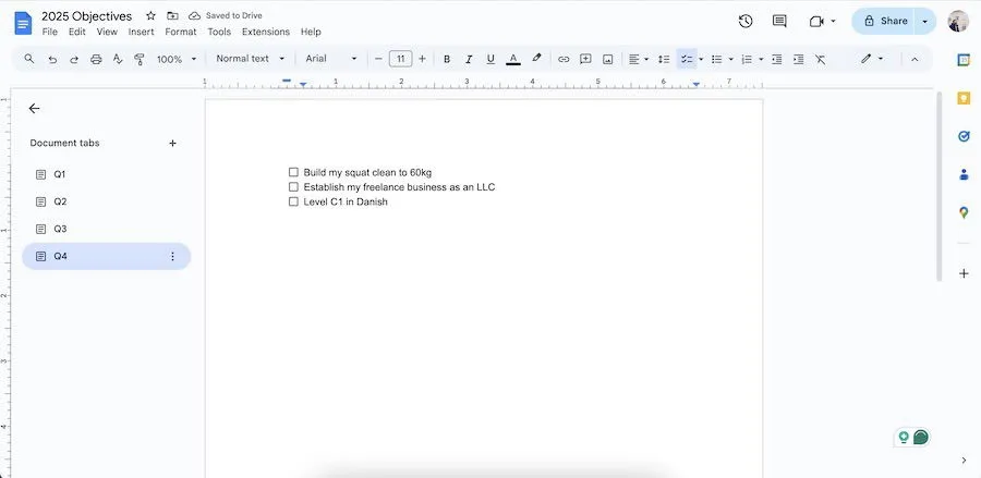 Usando Google Docs como un cuaderno para organizar mis objetivos personales