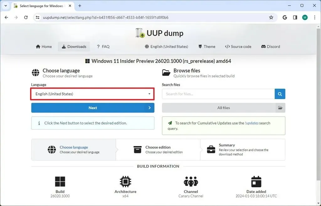 Select ISO Installation Language in UUP Dump