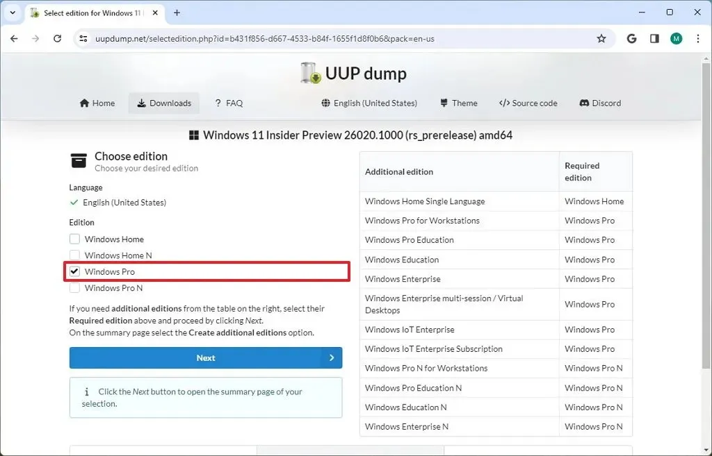 Select Windows 11 Editions in UUP Dump