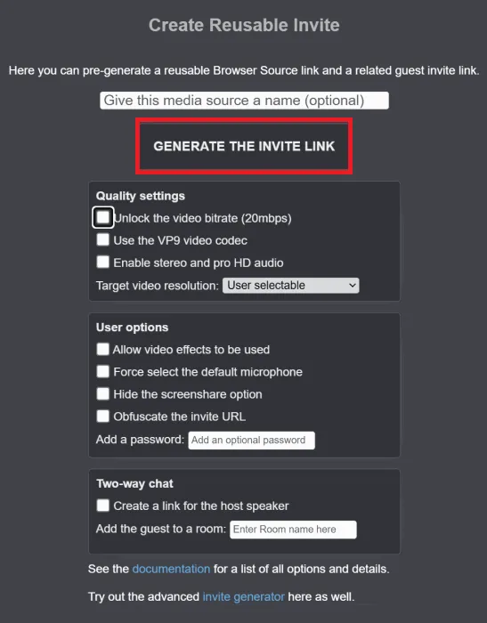 A screenshot of the website vdo.ninja, showing multiple options for a user to select before generating an invite link to use their iPhone as a streaming source.