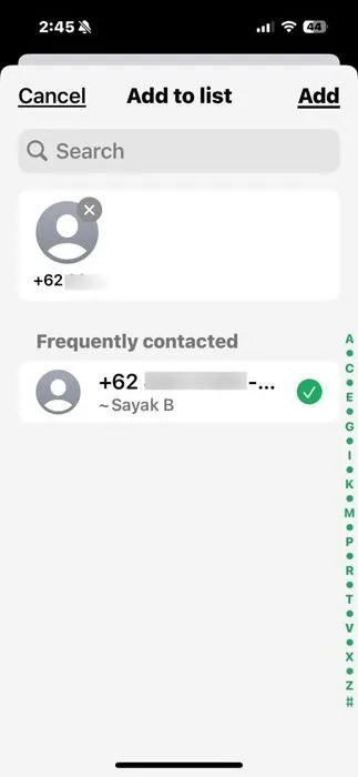 新しく作成された WhatsApp リストに連絡先を追加します。