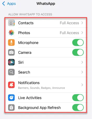 WhatsApp permissions settings