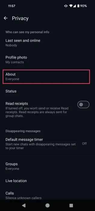 Android の WhatsApp プライバシー オプションで [バージョン情報] オプションを選択します。