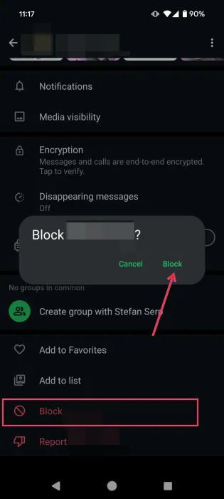 Android の WhatsApp で連絡をブロックします。