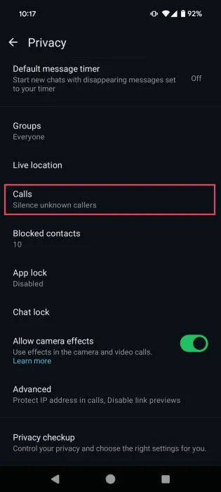 Android の WhatsApp プライバシーで通話をタップします。