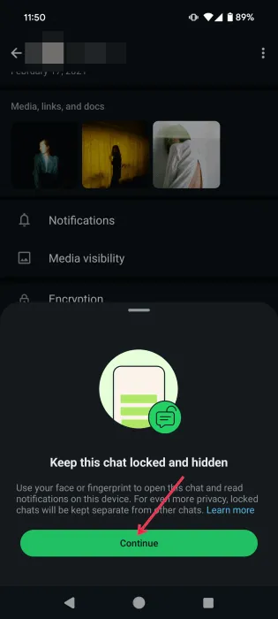 Android の WhatsApp での会話のチャット ロックを初期化した後、[続行] を押します。