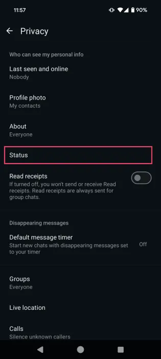 Android の WhatsApp プライバシー設定でステータス オプションを選択します。