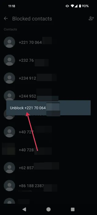 Android の WhatsApp で番号のブロックを解除します。