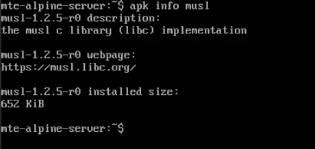 Terminal showing the version of musl utilized by Alpine Linux.