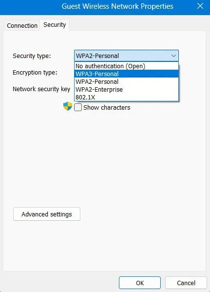 Changing Wi-Fi network encryption from WPA2 to WPA3 in network properties.