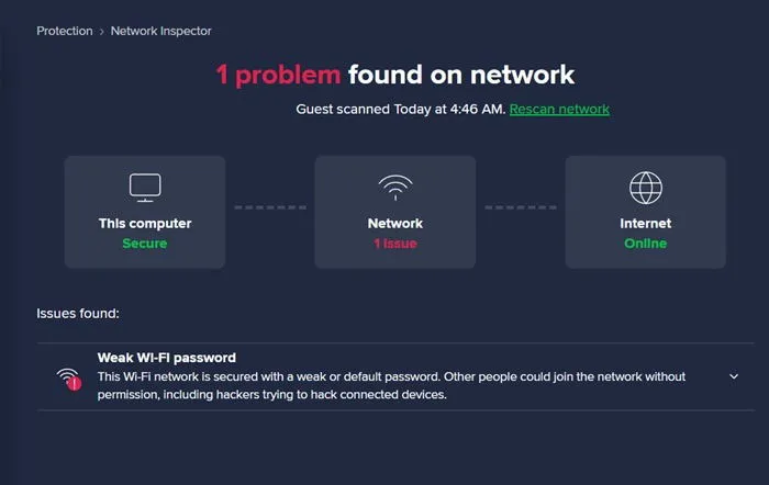 Avast Antivirus indicating a weak Wi-Fi password on a Windows device.