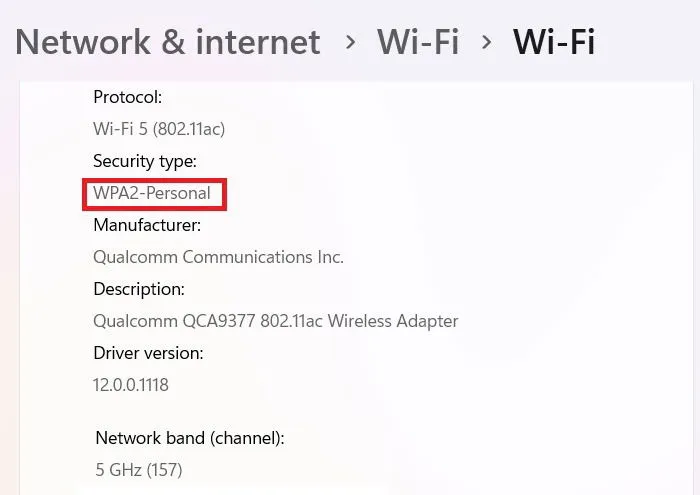 Displaying WPA-2 Wi-Fi Encryption Protocol for a connected Wi-Fi network.