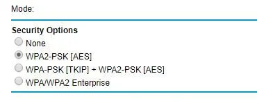 Security options in a router's network settings, illustrating WPA-2 as the strongest choice in this case.