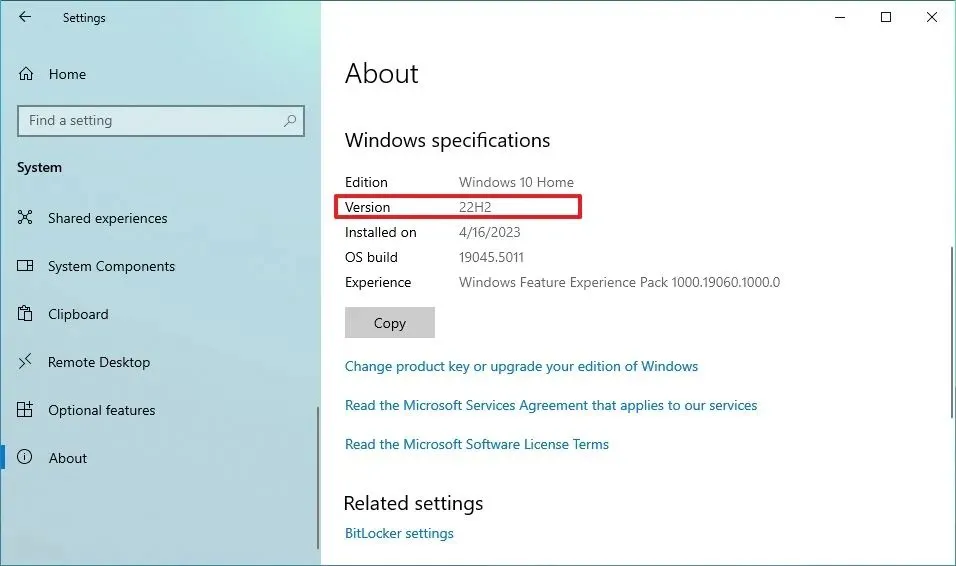 Comprobación de la versión de la página Acerca de de Windows 10