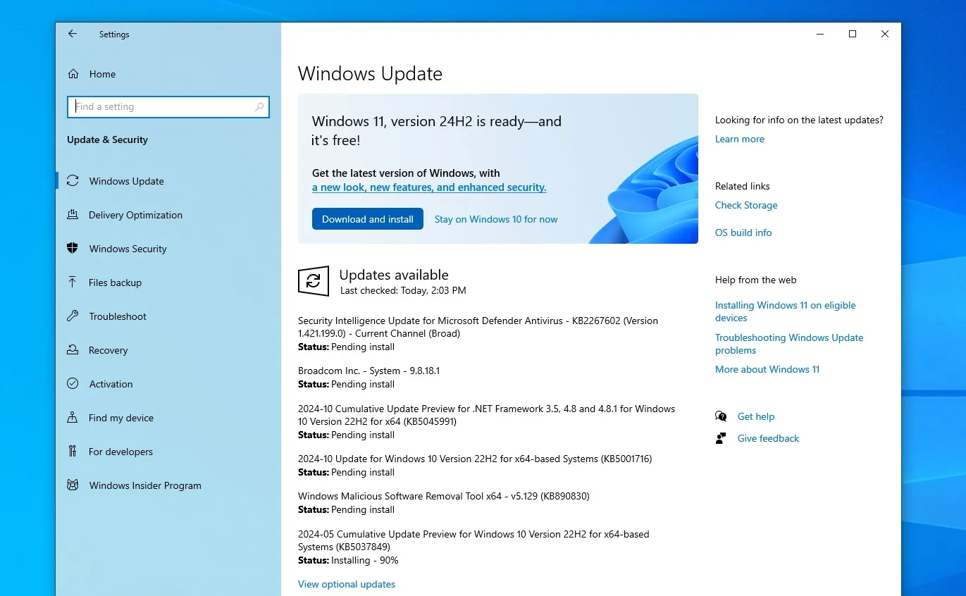 Windows 11 24H2 recommended on Windows 10