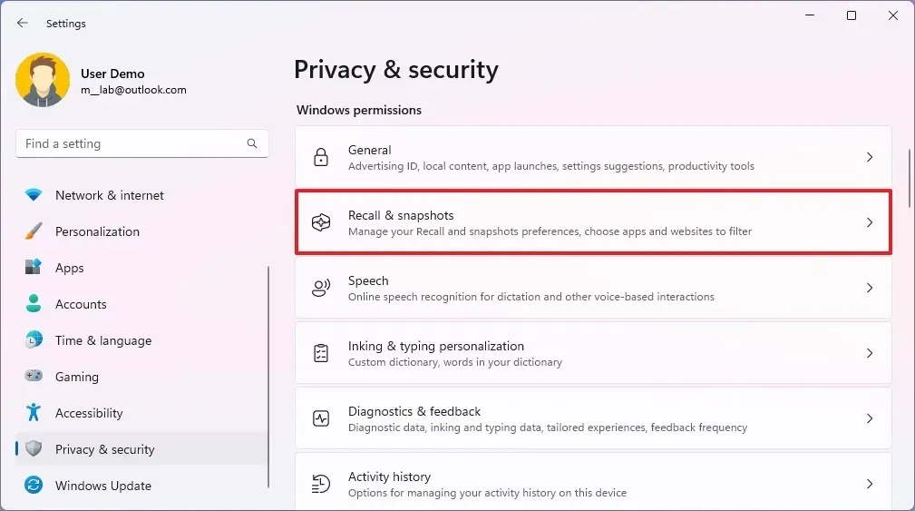 Paramètres de rappel et d'instantanés