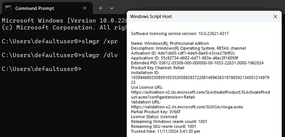 Slmgr displaying Windows License Information