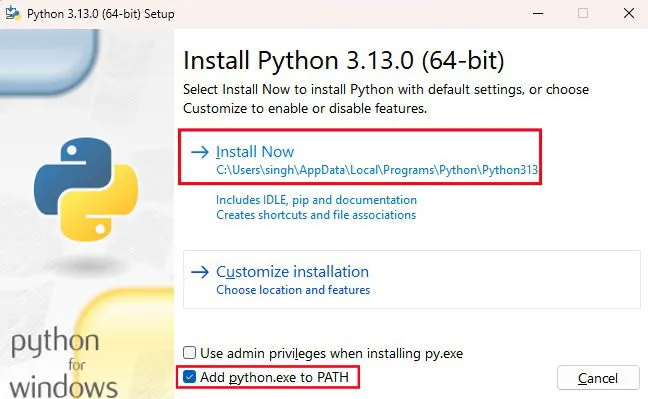 Zrzut ekranu przedstawiający instalator języka Python 3.13.0 dla systemu Windows.