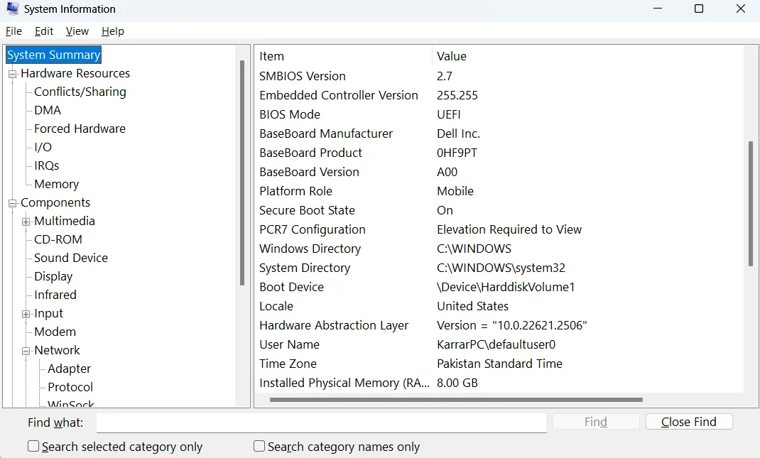 Windows System Information displaying system summary